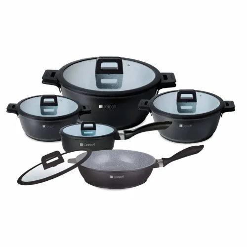 Dorsh Cookware Set - 5 Pcs Proglider Non-stick Marble Ceramic Coated, Die-casting Aluminum Flat Lids with Silicon Rim Casserole - ( 28 Cm + 24 Cm + 20 Cm) Saucepan-18 Cm + Deep Fry Pan-28 Cm