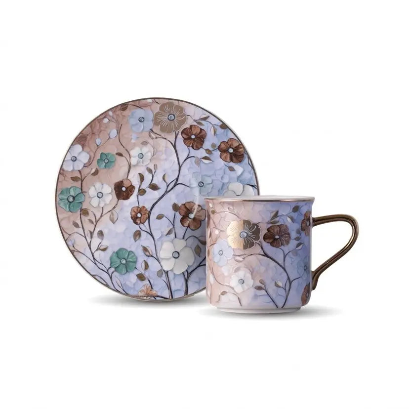 Dorsh Floris Blue 12 Pcs Coffee Cup Set Gold Handle and Rim
