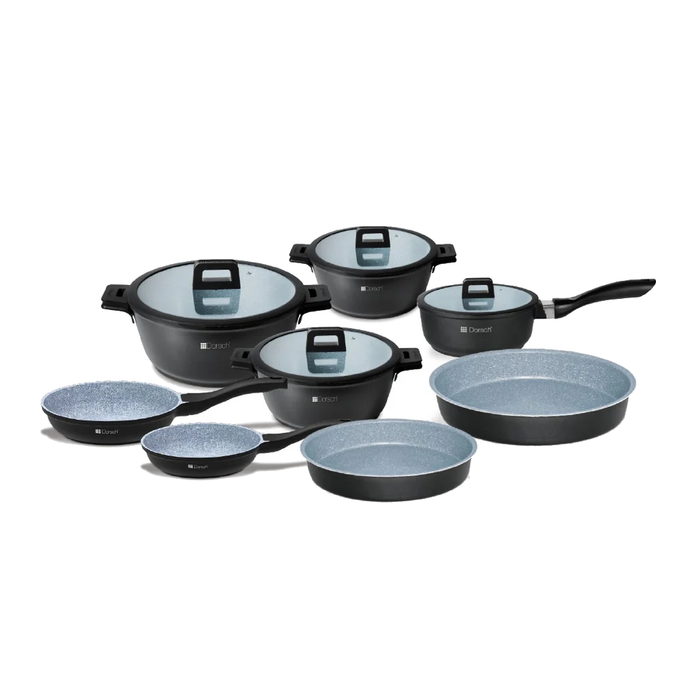 Dorsh Cookware Set - 8 Pcs Casserole - ( 30 Cm + 26 Cm + 22 Cm ) Saucepan 18 Cm Frypan 24 Cm + Frypan 20 Cm Roundpan 32 Cm - 36 Cm