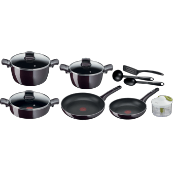 Tefal New G6 Resist Intense - طقم من 12 قطعة: مقلاة 24-28 سم، قدر طهي 22/26 سم بغطاء زجاجي، قدر قليل العمق 26 سم بغطاء زجاجي، ملعقة، مغرفة، وملعقة مسطحة، ومفرمة يدوية