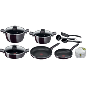 Tefal New G6 Resist Intense - طقم من 12 قطعة: مقلاة 24-28 سم، قدر طهي 22/26 سم بغطاء زجاجي، قدر قليل العمق 26 سم بغطاء زجاجي، ملعقة، مغرفة، وملعقة مسطحة، ومفرمة يدوية